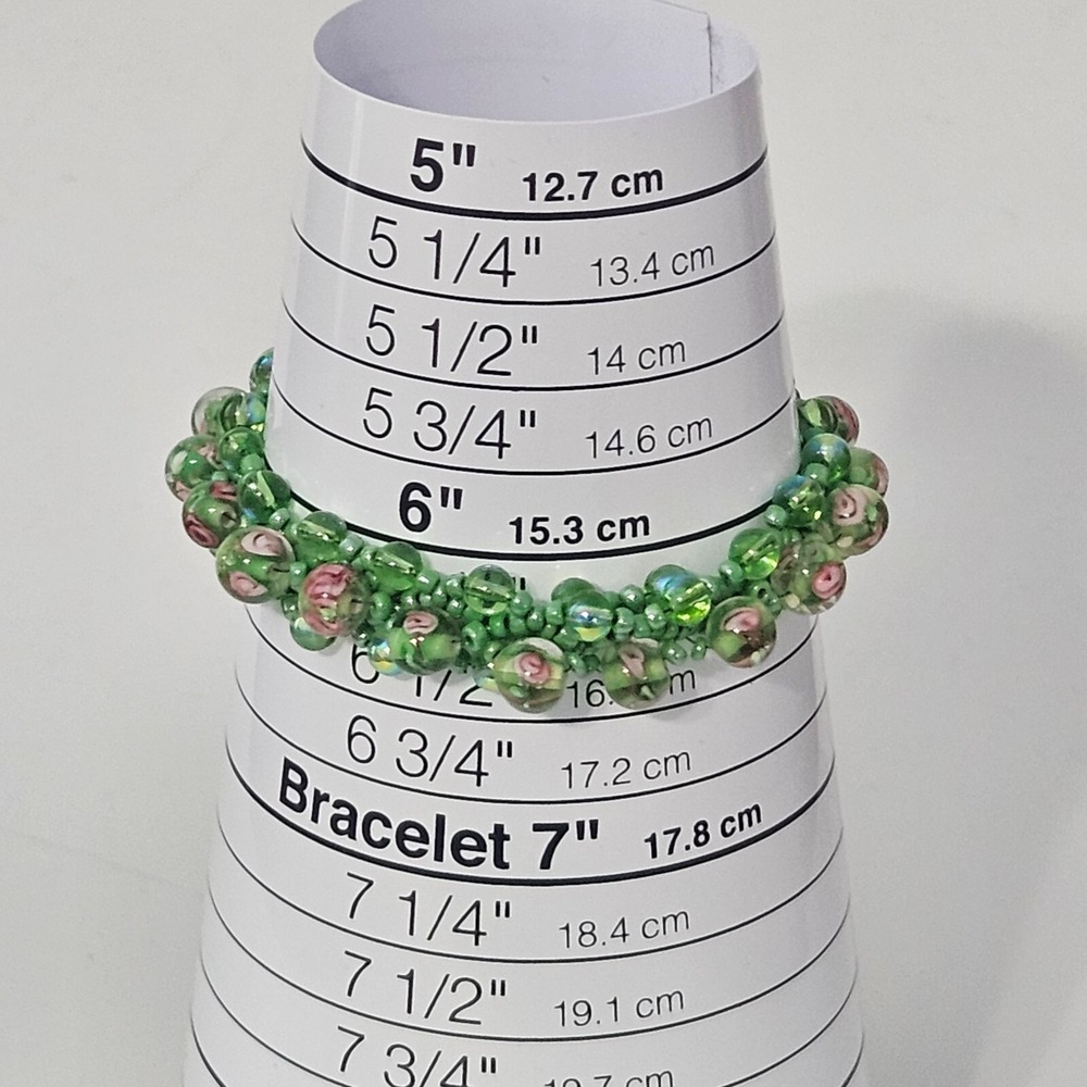 Glass Beaded Green Bracelet Flower Beads Floral Box Clasp 6 1/4" - Picture 10 of 10